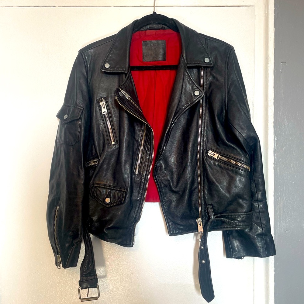 All Saints Women Harland Biker Black Leather Jacket with Red Lining Size US 10